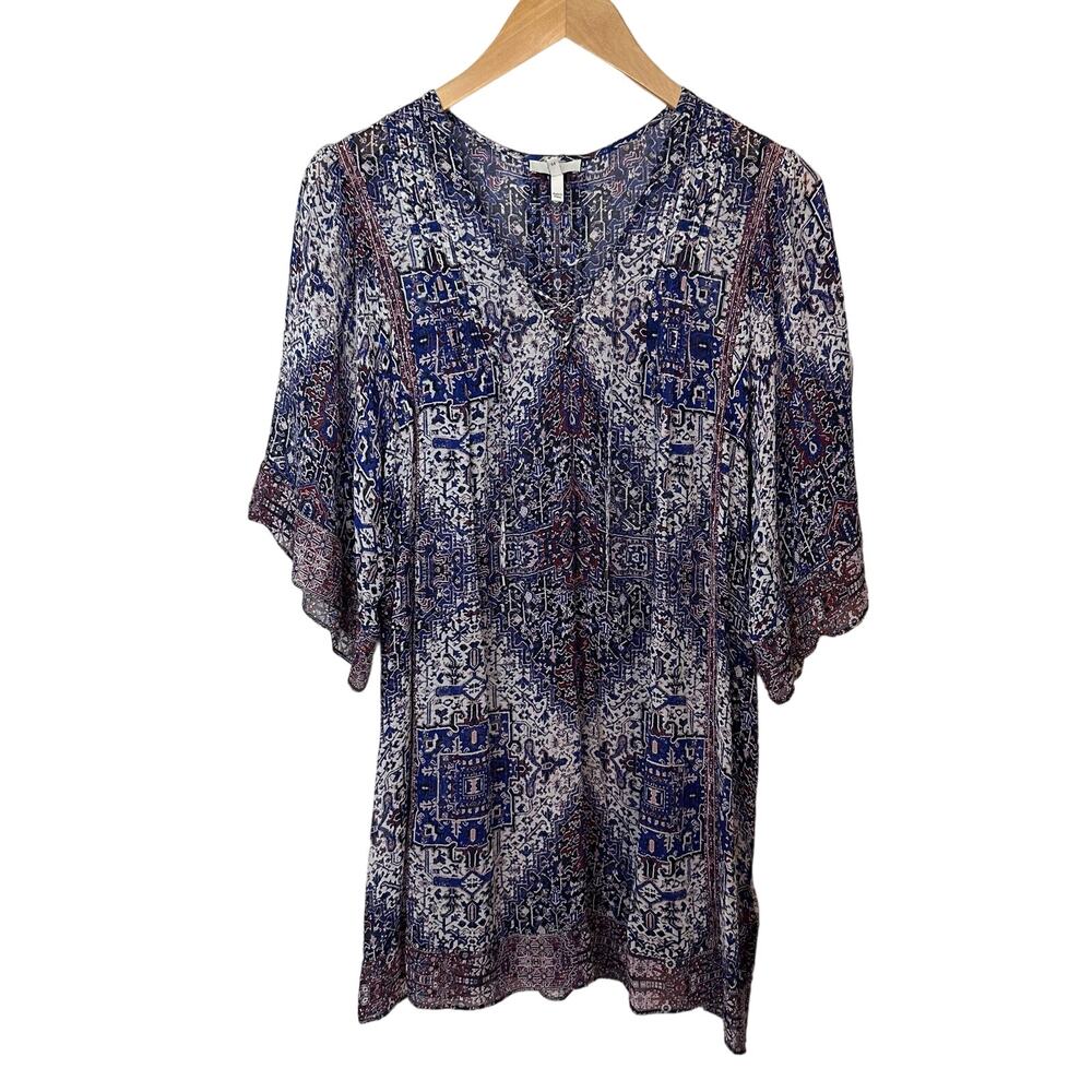 Joie 100% Silk Blouse Boho Abstract Print Womens Top Size M Kimono Sleeve V Neck